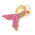 Gold Plated Rhinestone Pave Pink Breast Cancer Ribbon Lapel Pin